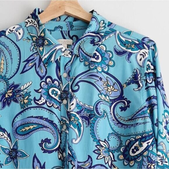 TALBOTS | Floral Paisley Utility Sleeve Buton Down Shirt Blue Sz L P - Picture 3 of 12